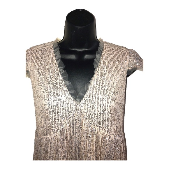Gold shimmery sequin lace trim v-neck babydoll swing tent dress size medium new - Picture 10 of 16